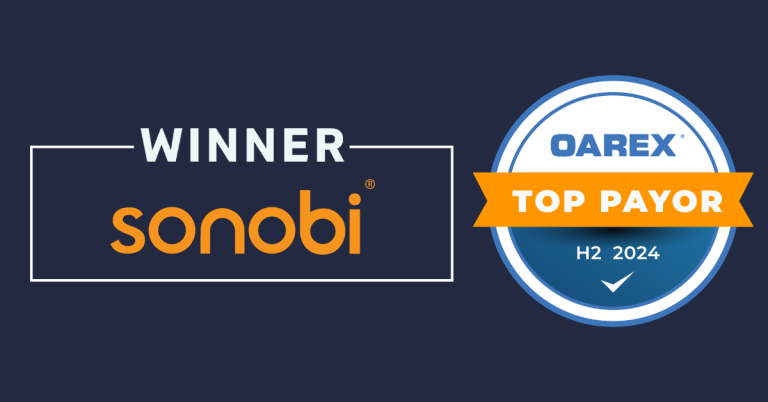 Sonobi named OAREX Top Payor H2 2024 badge featuring Sonobi logo and OAREX seal