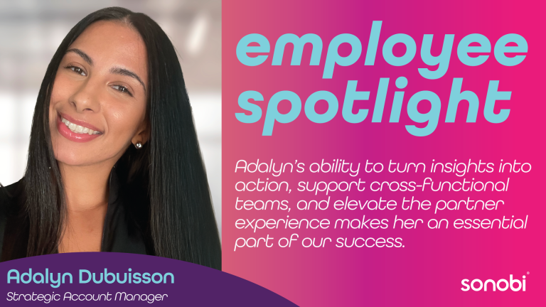 Adalyn Dubuisson, Strategic Account Manager, featured as Sonobi’s Q3 Employee of the Quarter with a quote about collaboration and impact.